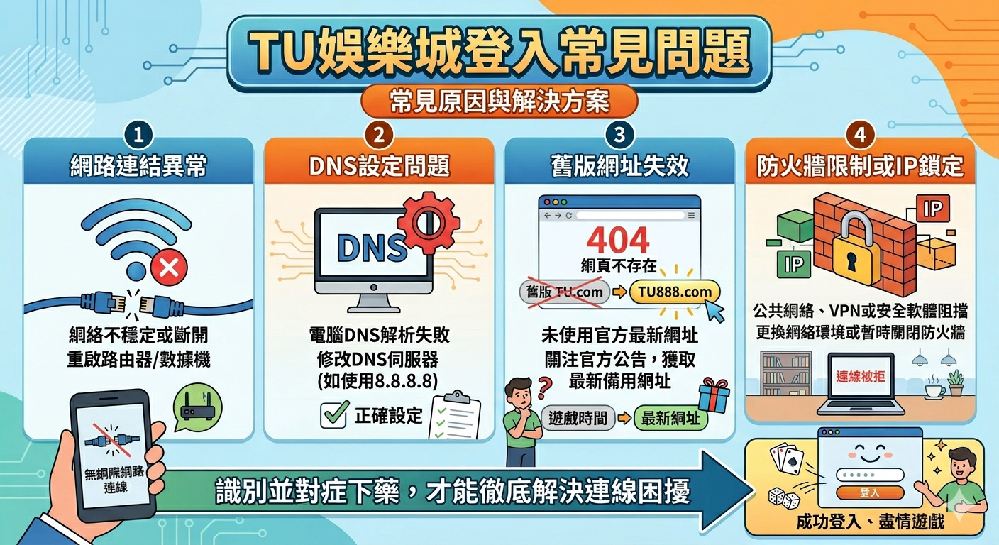 這張圖表說明了「TU娛樂城」常見登入問題的原因與對策，涵蓋網路、DNS、網址更新及防火牆阻擋等四項要點。透過識別問題來源並針對性排除，玩家即可順利登入平台，享受遊戲體驗。