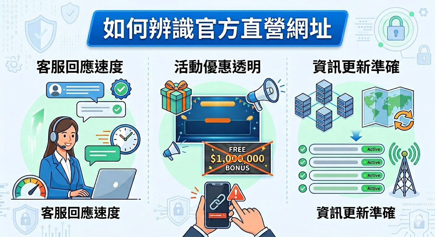 透過客服回應速度、活動優惠透明度及資訊更新準確性，三個核心標準協助玩家辨識官方直營網址。 設計重點在於提醒玩家防範來源不明的推廣連結，避免遭遇詐騙並確保帳戶安全。 此圖表作為防護指南，視覺化呈現官方平台的營運特徵，強化玩家辨識偽冒網站的能力。
