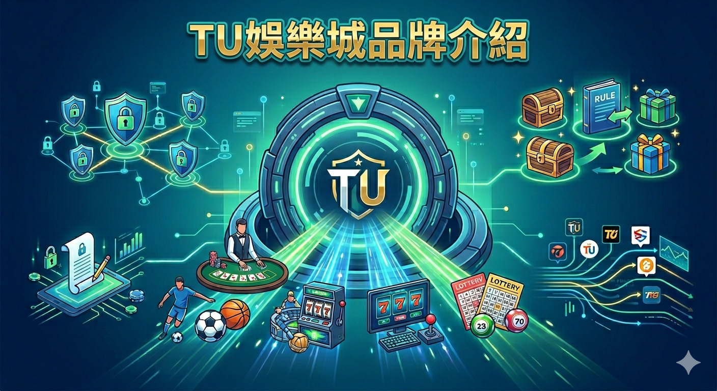 這張設計圖以「TU娛樂城品牌介紹」為標題，中央展示 TU 品牌標誌與傳送門設計。 畫面整合了博弈遊戲、安全性防護與優惠活動等元素，呈現一站式的多元娛樂體驗。